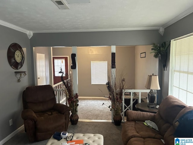 carpeted living room featuring a textured ceiling and ornamental molding