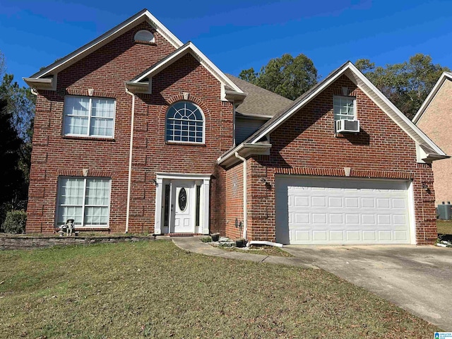 front facade with central AC, cooling unit, a garage, and a front lawn