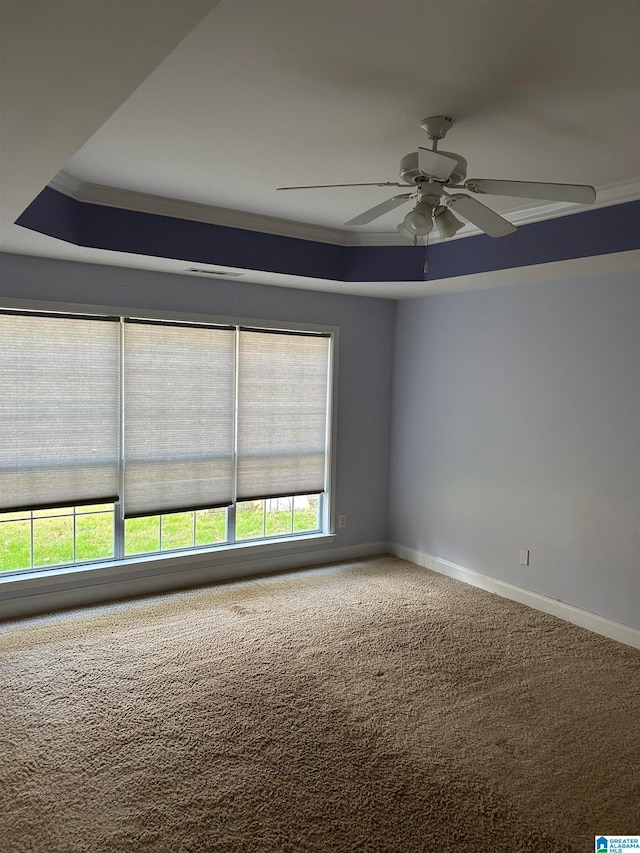 unfurnished room with carpet flooring, ceiling fan, a raised ceiling, and ornamental molding