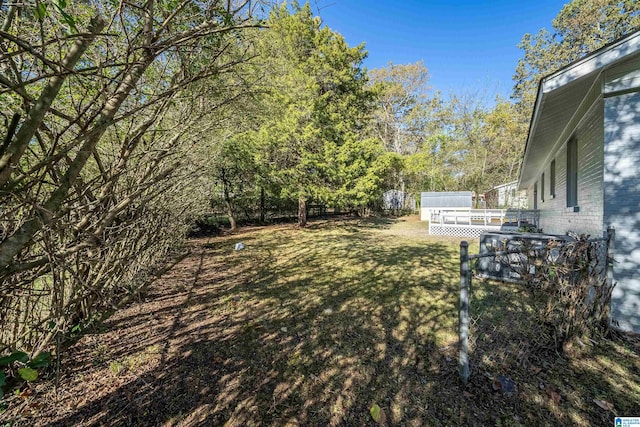 view of yard featuring a storage shed