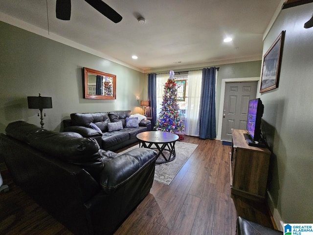 living room featuring crown molding and dark hardwood / wood-style floors