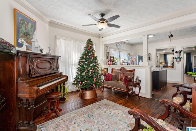 923 Cogswell Ave, Pell City, AL 35125 - sitting room featuring a textured ceiling, wood-type flooring, a ceiling fan, ornate columns, and ornamental molding