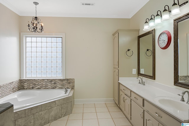 bathroom with ornamental molding, vanity, a relaxing tiled tub, tile patterned flooring, and a chandelier