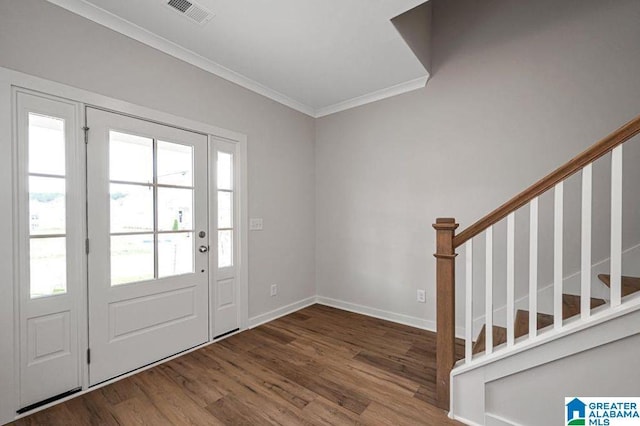186 Barimore Blvd, Helena, AL 35080 - entryway featuring ornamental molding, wood finished floors, stairway, and baseboards