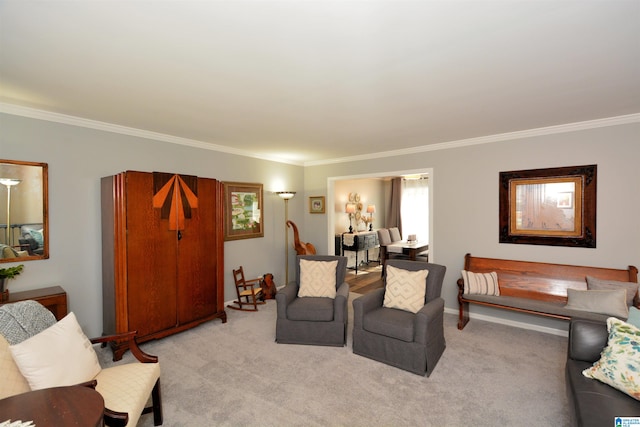 living room featuring light carpet and ornamental molding