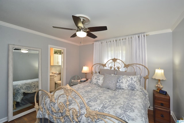 bedroom with connected bathroom, ceiling fan, dark hardwood / wood-style flooring, and ornamental molding