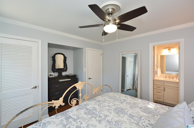 bedroom with ensuite bathroom, ceiling fan, and crown molding