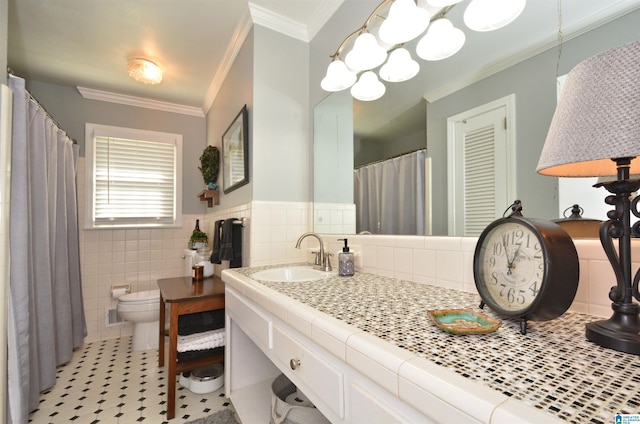 bathroom featuring tile patterned flooring, toilet, tile walls, and ornamental molding