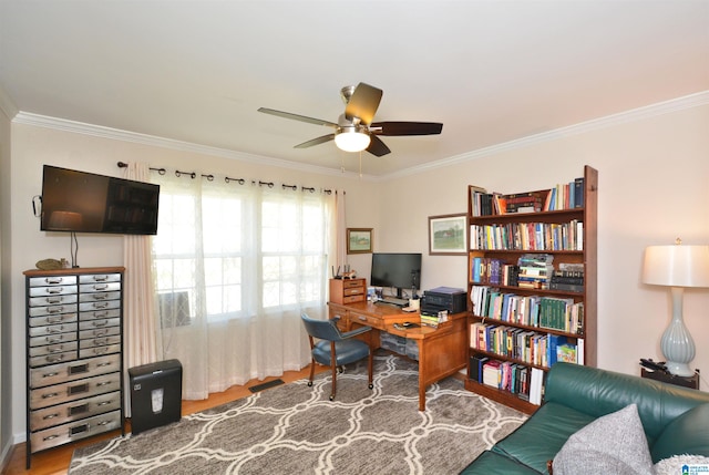 office space with wood-type flooring, ceiling fan, and ornamental molding