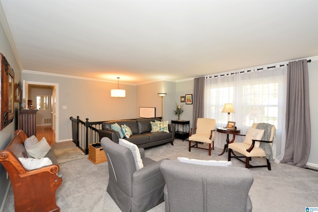 carpeted living room with crown molding