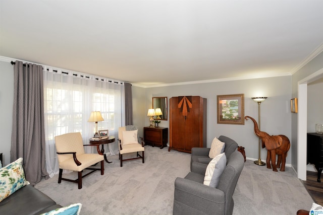 carpeted living room with ornamental molding