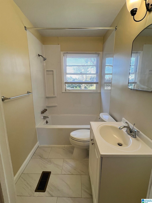 full bathroom featuring bathing tub / shower combination, vanity, and toilet