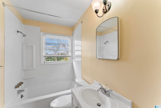 full bathroom with vanity,  shower combination, and toilet