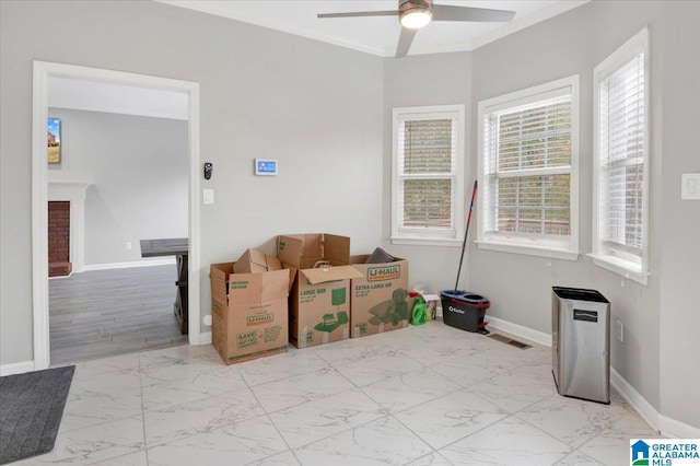 interior space featuring ceiling fan