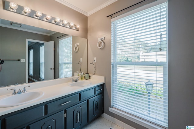 bathroom featuring vanity, a healthy amount of sunlight, and ornamental molding