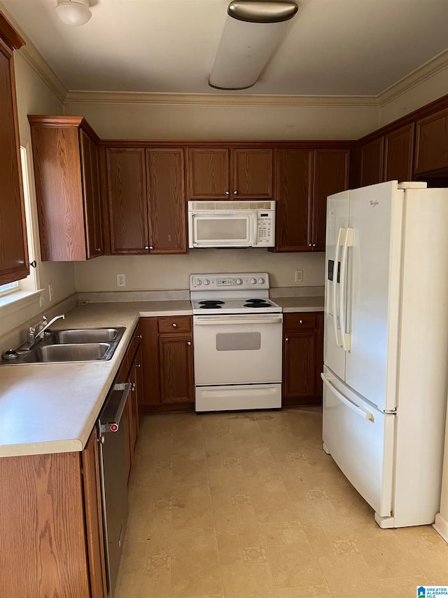 kitchen featuring sink, white appliances, and crown molding