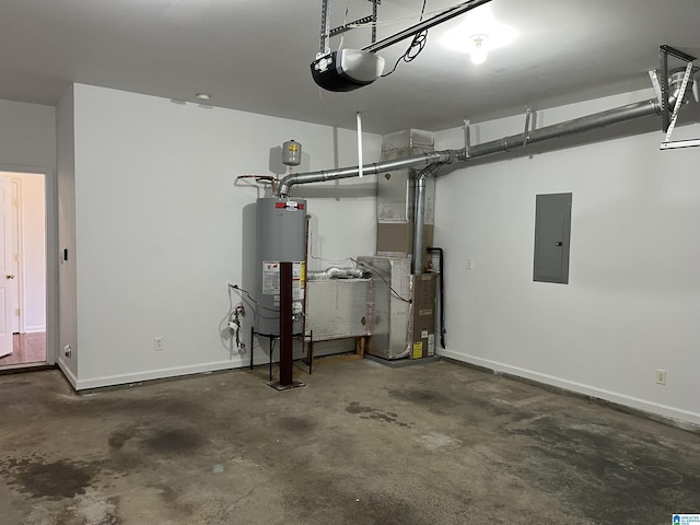 garage with heating unit, water heater, a garage door opener, and electric panel