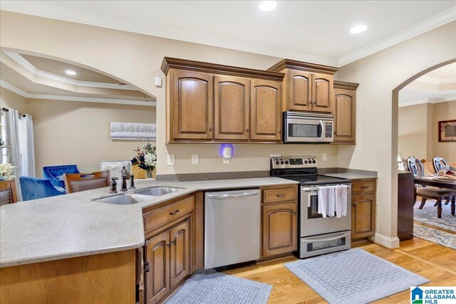 kitchen with light hardwood / wood-style floors, ornamental molding, sink, and appliances with stainless steel finishes