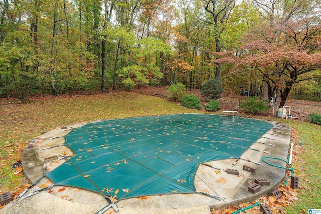 view of swimming pool featuring a diving board and a patio