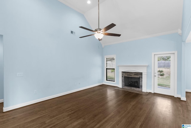 unfurnished living room featuring ceiling fan, high vaulted ceiling, dark hardwood / wood-style floors, and ornamental molding