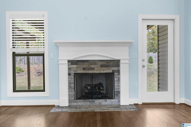 interior details with a fireplace and hardwood / wood-style flooring