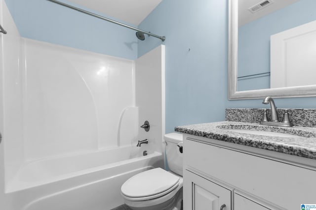 full bathroom featuring shower / tub combination, vanity, and toilet