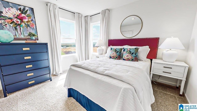 bedroom with multiple windows and light colored carpet