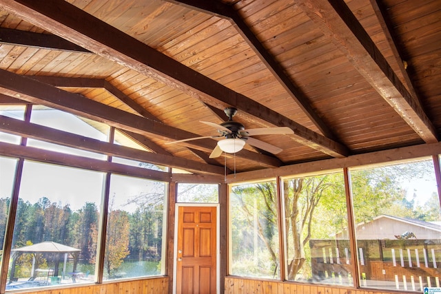 unfurnished sunroom with lofted ceiling with beams, ceiling fan, and wood ceiling