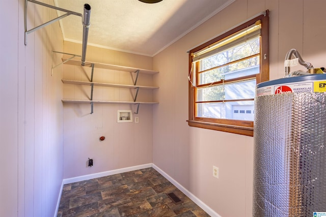 washroom featuring wooden walls, hookup for a washing machine, ornamental molding, and hookup for an electric dryer