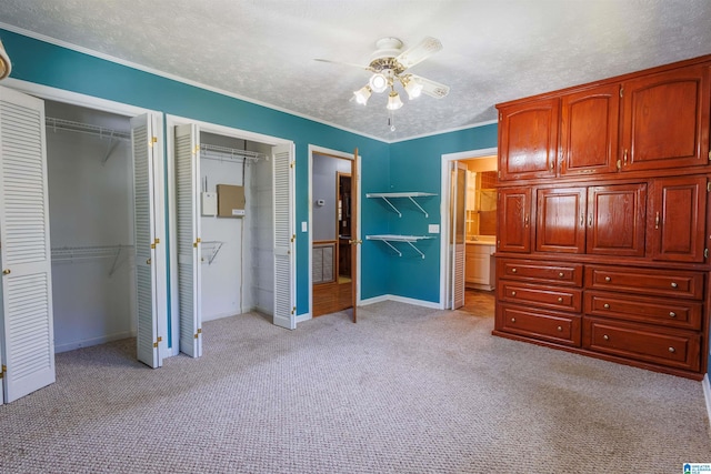 694 Center Point Rd, Sylacauga, AL 35151 - unfurnished bedroom featuring light carpet, multiple closets, baseboards, crown molding, and a textured ceiling