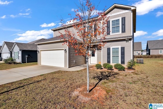 front facade featuring a front lawn, central AC unit, and a garage