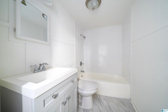 full bathroom featuring vanity, tiled shower / bath combo, and toilet