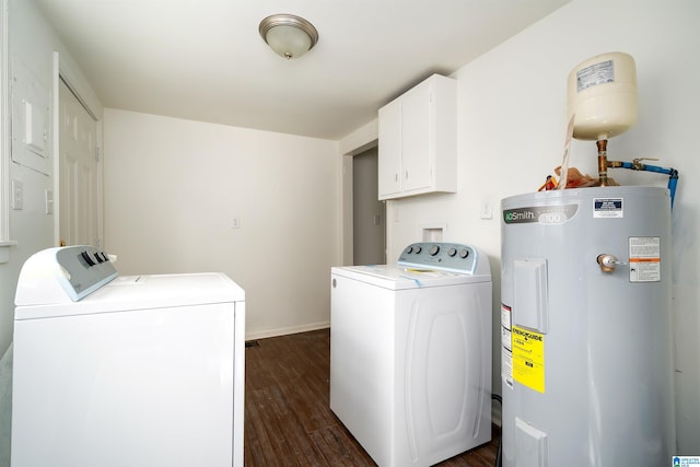 laundry room featuring dark hardwood / wood-style floors, washing machine and dryer, and water heater