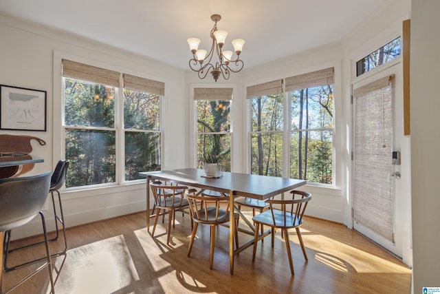 dining room featuring crown molding, a healthy amount of sunlight, a notable chandelier, and light hardwood / wood-style floors