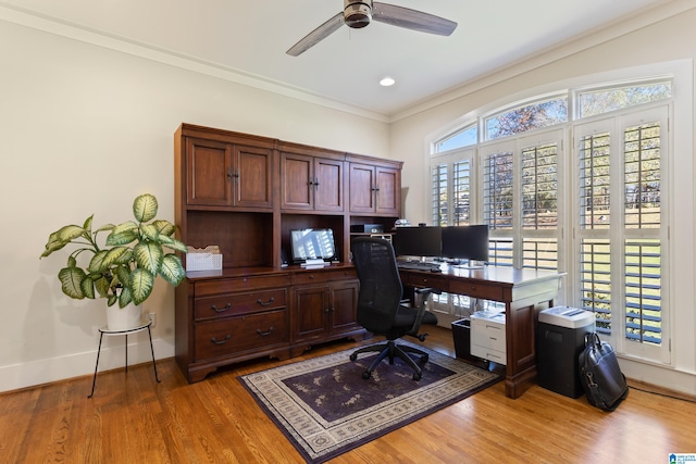 home office featuring ceiling fan, ornamental molding, and hardwood / wood-style flooring