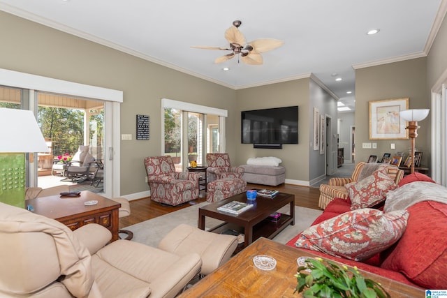 living room featuring ceiling fan, hardwood / wood-style floors, and ornamental molding