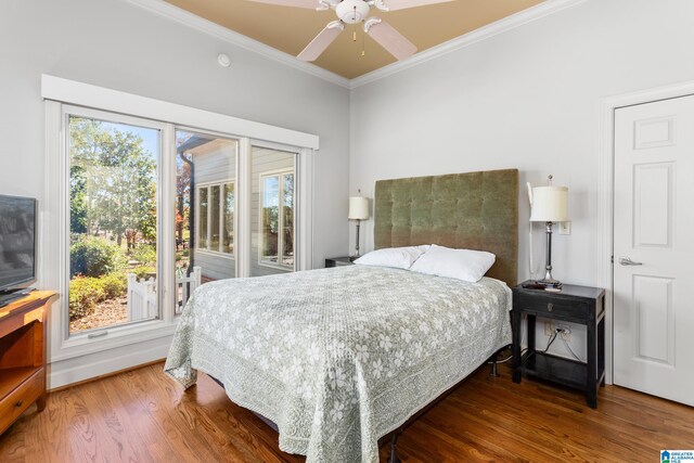 bedroom featuring multiple windows, ceiling fan, wood-type flooring, and ornamental molding