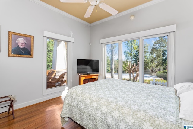 bedroom featuring wood-type flooring, access to outside, ceiling fan, and crown molding