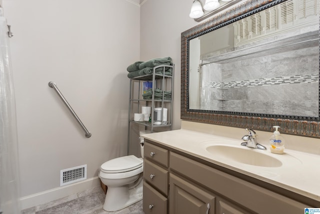 bathroom with walk in shower, tile patterned flooring, vanity, and toilet