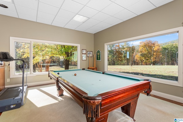 playroom featuring a paneled ceiling, light colored carpet, and billiards