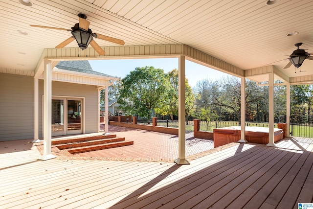 1001 Kingsway Dr, Anniston, AL 36207 - deck with a covered hot tub, a ceiling fan, fence, and a patio