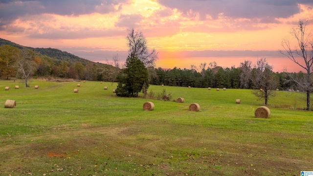 yard at dusk with a mountain view and a rural view