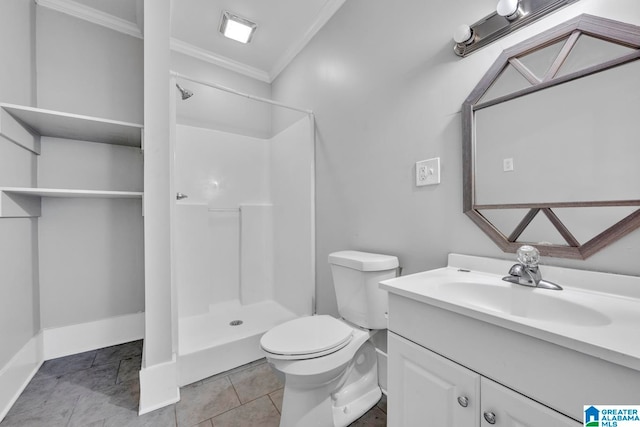 bathroom with ornamental molding, vanity, a shower, tile patterned flooring, and toilet