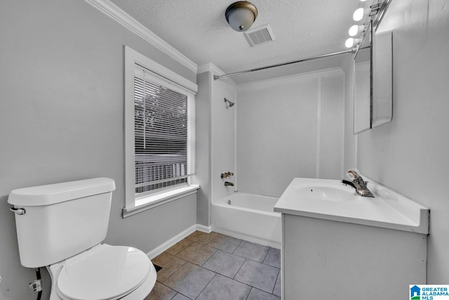 full bathroom featuring vanity, a textured ceiling, crown molding, tile patterned flooring, and toilet