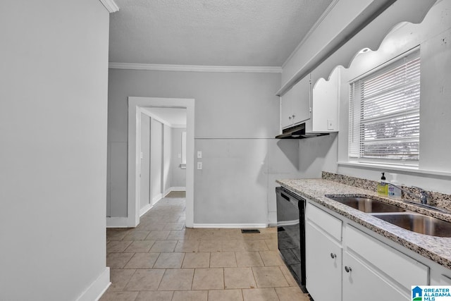 kitchen featuring a textured ceiling, dishwasher, white cabinetry, and sink