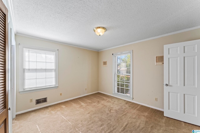 carpeted spare room featuring a textured ceiling and ornamental molding