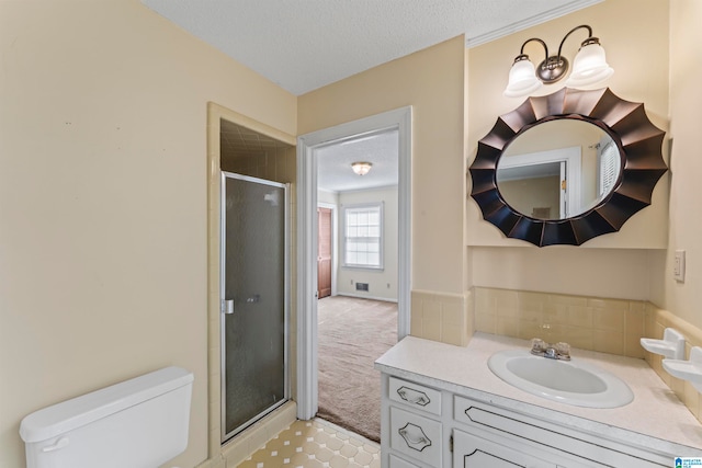 bathroom featuring a shower with door, vanity, a textured ceiling, and toilet