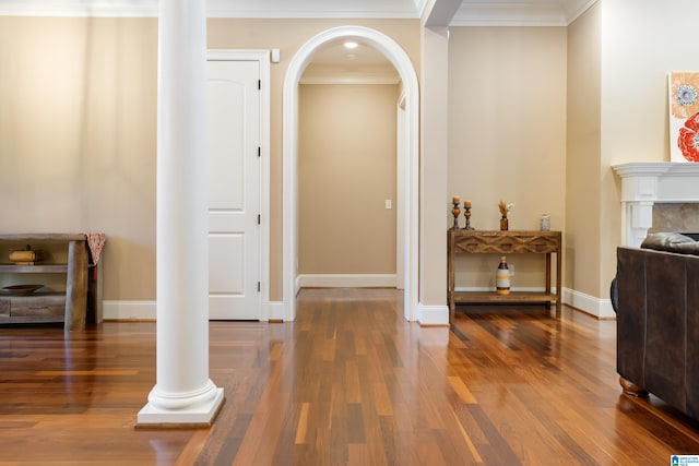 interior space with crown molding and dark wood-type flooring