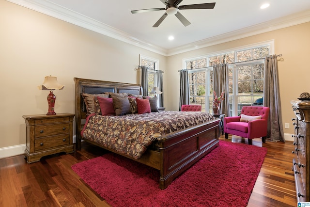 bedroom with ceiling fan, dark hardwood / wood-style floors, and ornamental molding