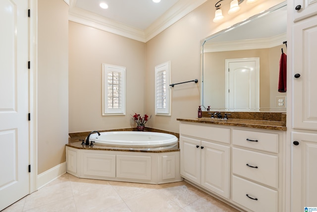 bathroom with a tub, crown molding, tile patterned flooring, and vanity